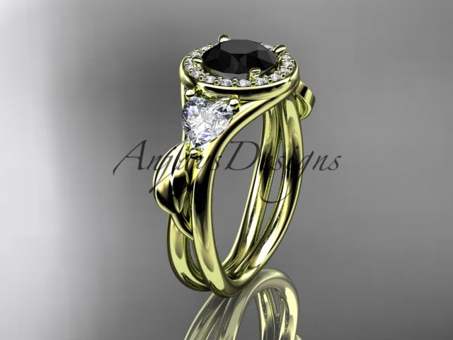 • Yellow gold black diamond wedding ring set, style ADLR314BD. Three-quarter view displaying the green-tinted yellow gold variant, highlighting the dark center stone secured within the botanical setting.

