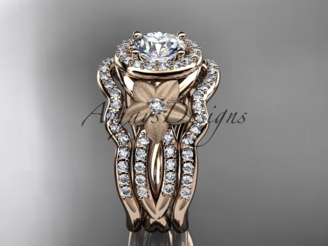 Rose gold diamond wedding ring set, style ADLR444S. Front view highlighting how the two curved pave bands frame the central matte flower and round halo basket.