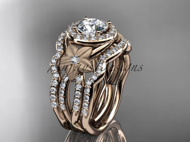 Rose gold diamond wedding ring set, style ADLR444S. Three-quarter view showcasing a 3-ring bridal stack with dual wavy pave diamond bands surrounding a central round halo engagement ring.