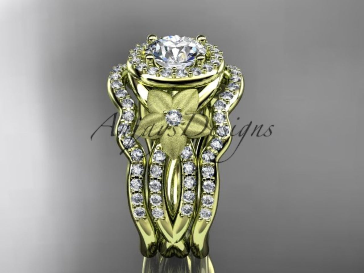 Yellow gold diamond wedding ring set, style ADLR444S. Side profile view showing three nested circular bands and frosted leaf detailing along the ring shoulders.