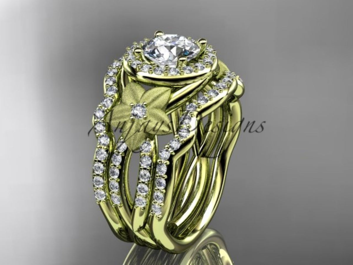 • Yellow gold diamond wedding ring set, style ADLR444S. Front view emphasizing the contrast between the highly reflective yellow gold bands and the pave-set white diamonds.
