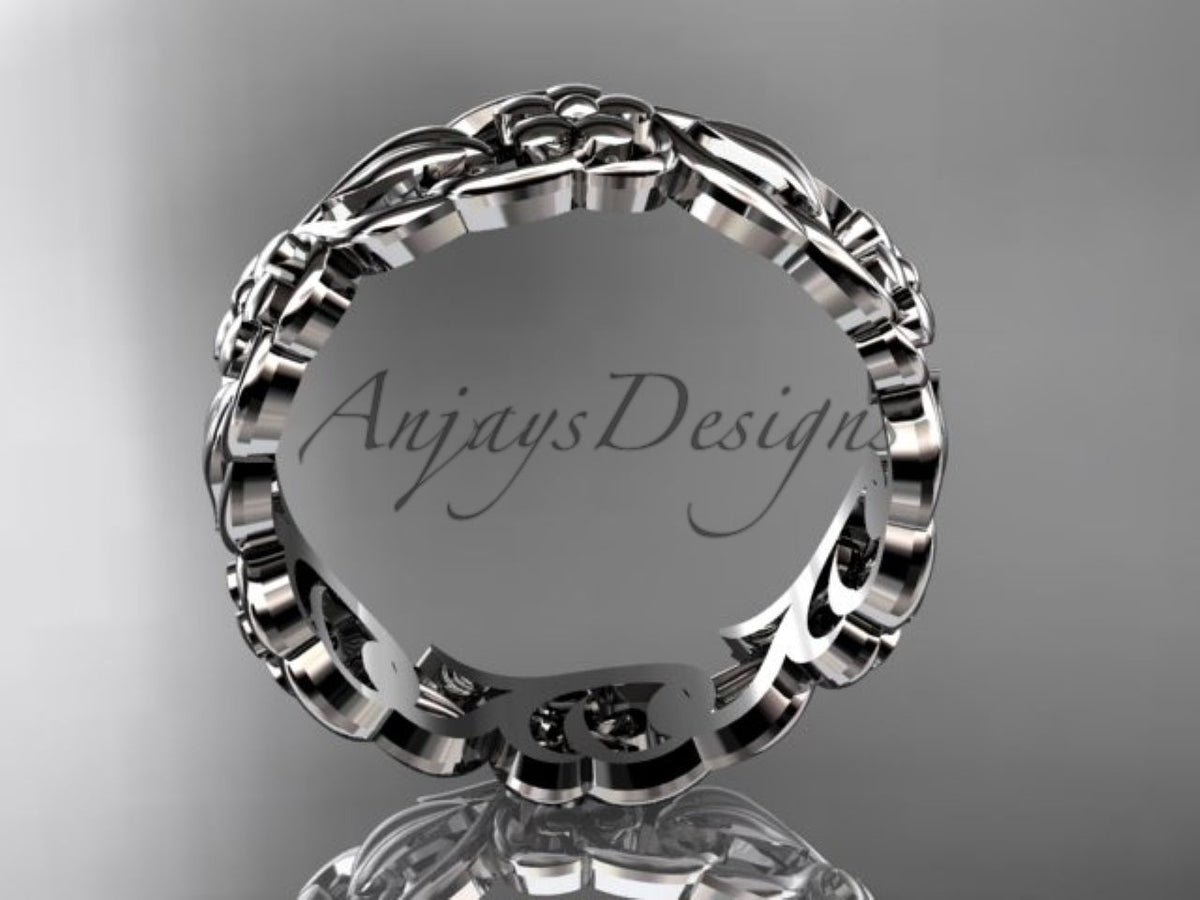  White gold floral wedding band, style ADLR537G. Front view showing the circular profile and intricate openwork design