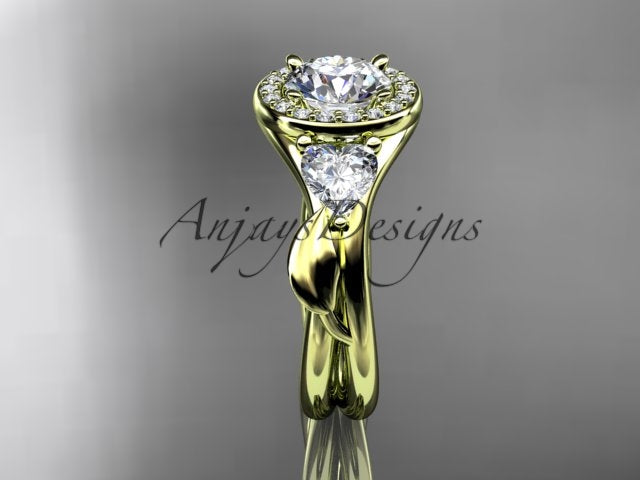  Yellow gold diamond wedding ring set, style ADLR555S. Front profile view emphasizing the distinct contrast between the polished yellow gold vine shanks and the bright white round and heart diamonds.
