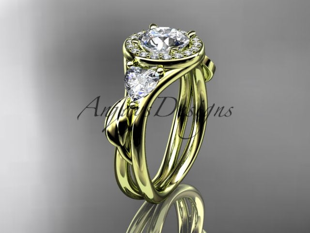 Yellow gold diamond wedding ring set, style ADLR555S. Three-quarter view showcasing the green-tinted yellow gold variant with nature-inspired leaves hugging heart-cut accent diamonds.
