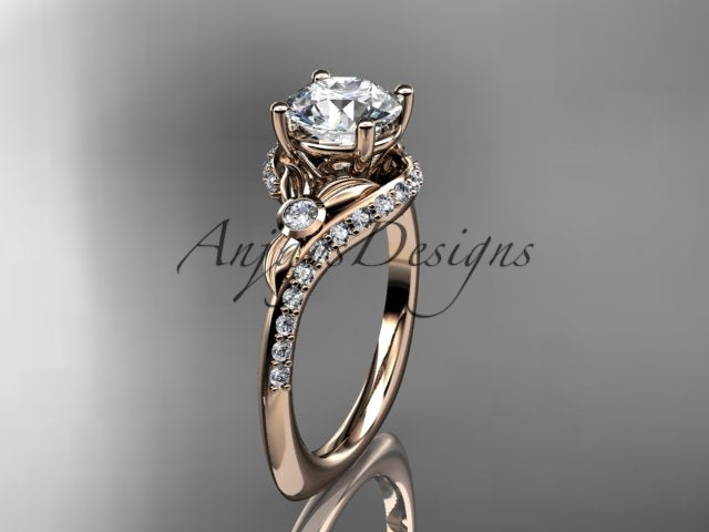 Rose gold diamond engagement ring, style ADLR777G. Three-quarter view showcasing a round center diamond secured in a leaf-wrapped bypass setting with a sweeping pave-accented band.