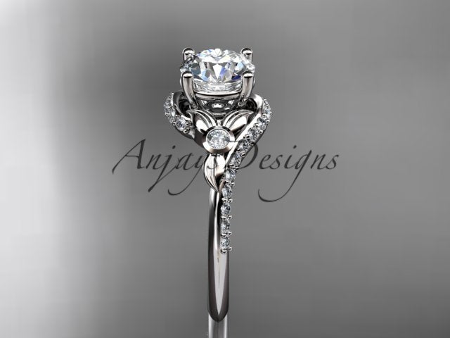 White gold diamond engagement ring, style ADLR777G. Front profile view emphasizing the clean symmetry of the polished white gold band transitioning into an organic bypass leaf motif.