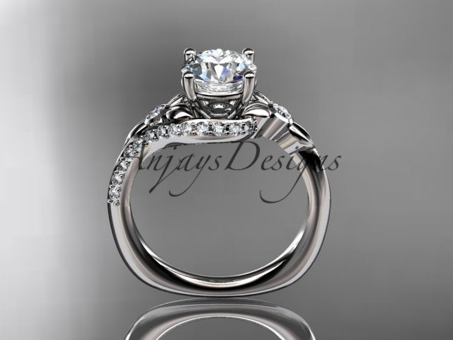 White gold diamond engagement ring, style ADLR777G. Side profile view displaying the circular profile of the smooth band and the structural side of the leaf setting.