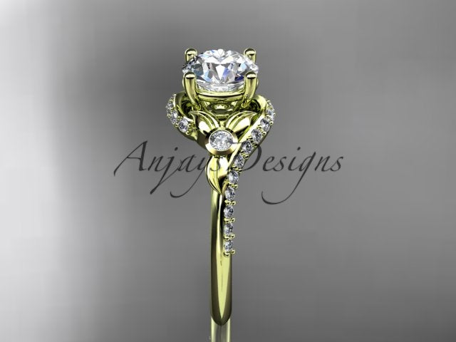 Yellow gold diamond engagement ring, style ADLR777G. Front view highlighting the curved vine profile of the polished yellow gold shank accented with brilliant white diamonds.