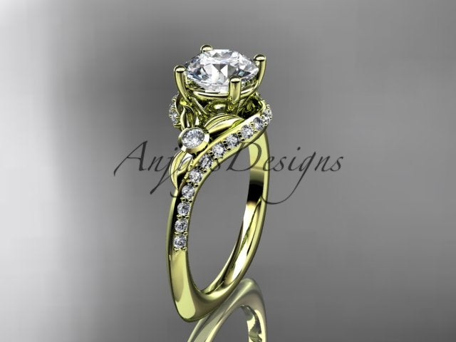 Yellow gold diamond engagement ring, style ADLR777G. Three-quarter view showcasing the green-tinted yellow gold option with delicate hand-sculpted leaf details wrapping the center stone.