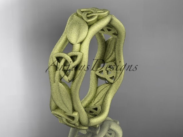 Yellow gold Celtic wedding band, style CT7105B. Three-quarter view showcasing the vibrant yellow gold option with delicate hand-carved vine textures and raised leaf patterns.