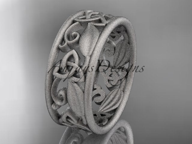  Platinum Celtic wedding band, style CT7150P. Front view highlighting the bright metallic finish of the premium platinum openwork layout featuring central trinity knots and flowing organic leaf patterns.
