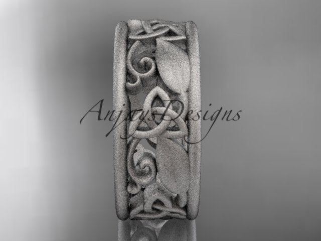 Platinum Celtic wedding band, style CT7150P. Side profile view showcasing the uniform circular silhouette and detailed hollow filigree of the white platinum band.
