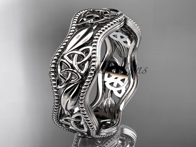 Platinum Celtic wedding band, style CT7508P. Three-quarter view displaying the polished platinum variant featuring openwork triquetra knots and nature-inspired leaf details.