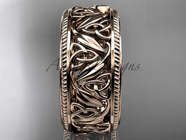 Rose gold wide Celtic wedding band, style CT7508P. Front view highlighting the continuous botanical filigree pattern of sculpted leaves woven seamlessly together with interlocking Celtic knots.