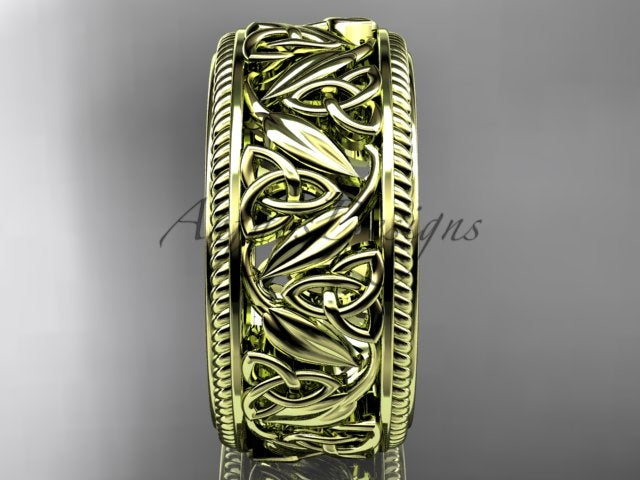 • Yellow gold wide Celtic wedding band, style CT7508P. Front profile view emphasizing the clean outlines of the heavy rope milgrain edges framing the polished yellow gold vine patterns.
