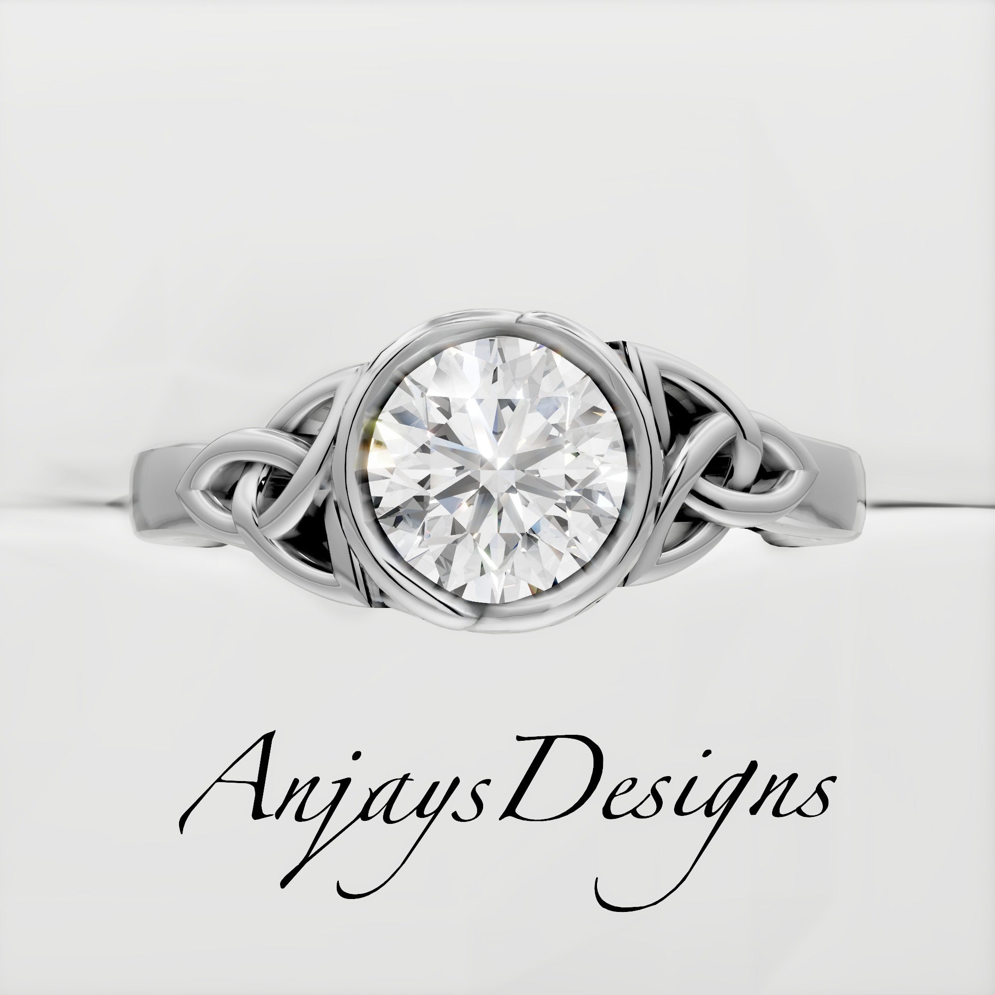 Celtic Trinity Knot Engagement Ring Bezel Set 1 Carat Diamond Engagement Ring Round Cut