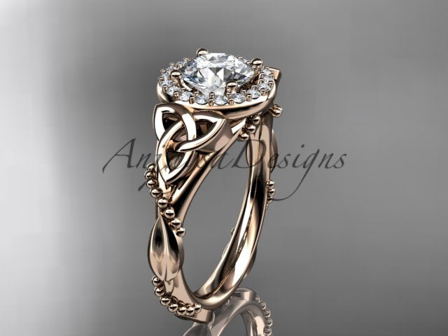 Celtic Diamond Engagement Ring 1 Carat Round Lab Grown Diamond Halo Diamond Trinity Knot Engagement Ring Nature Inspired