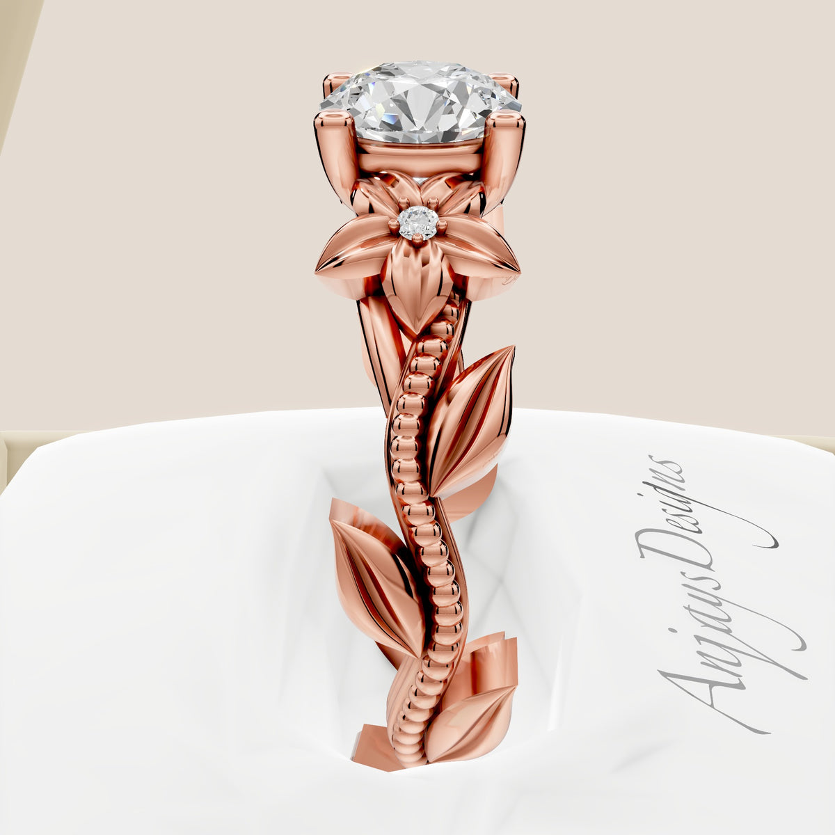 IGI certified floral engagement ring with round lab grown diamond in 14k rose gold