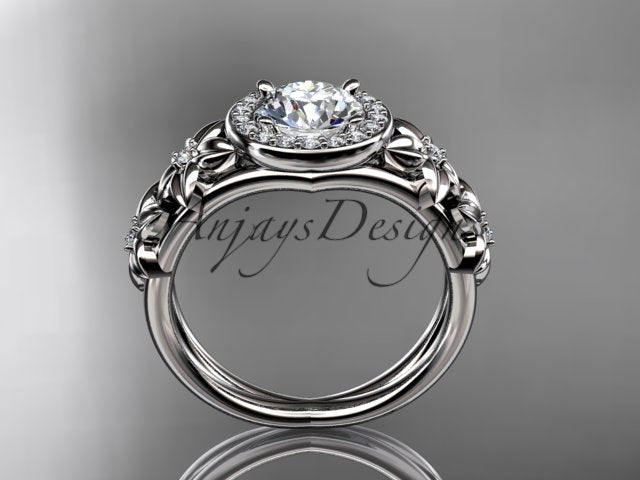 Flower halo engagement ring with round lab grown diamond in 14k white gold