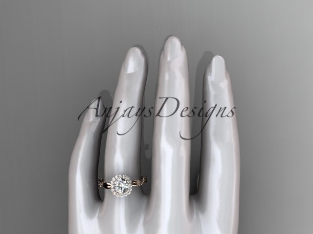 Side view of leaf engagement ring with beaded band and round lab grown diamond in 14k rose gold