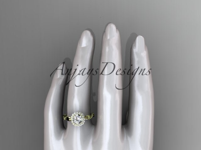 Side view of leaf engagement ring with beaded band and round lab grown diamond in 14k yellow gold
