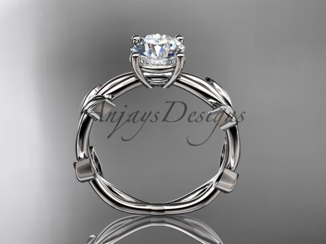 Leaf wedding ring with round lab grown diamond in 14k white gold
