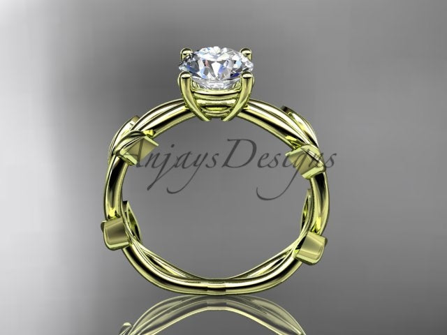 Leaf wedding ring with round lab grown diamond in 14k yellow gold