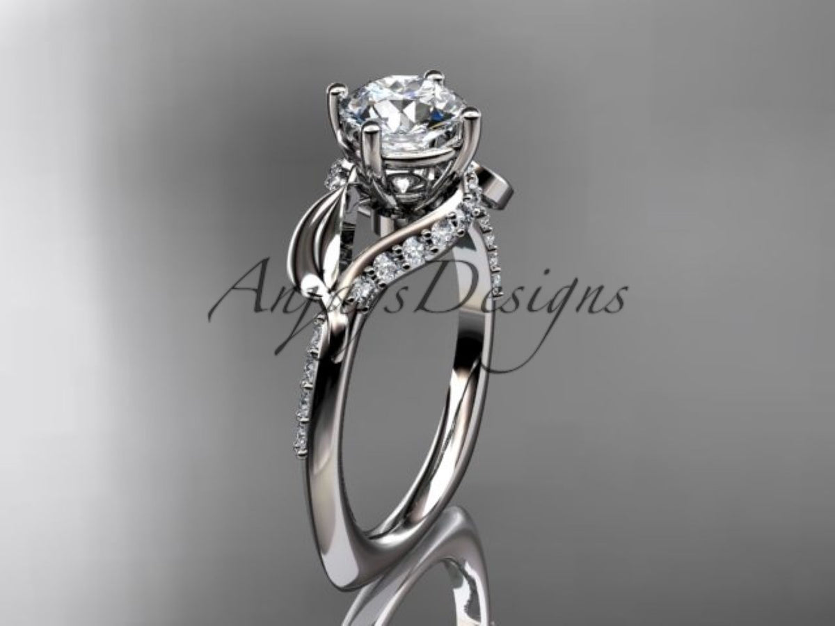 Front view of 1ct lab grown round diamond nature inspired engagement ring in 14K white gold
