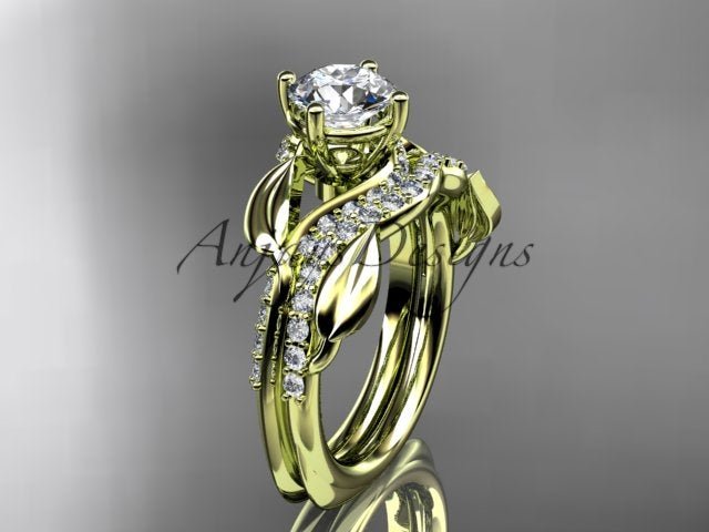 14K Rose Gold Diamond Leaf Wedding Ring Engagement Set