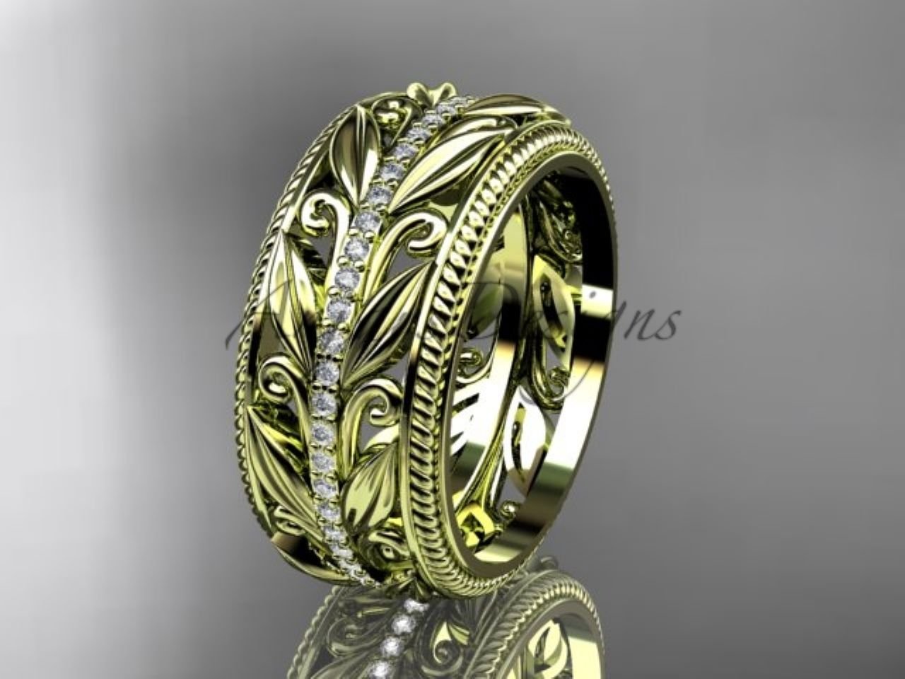 Unique 10mm Nature Inspired Wedding Band Lab Grown Diamond Wide Leaf Ring