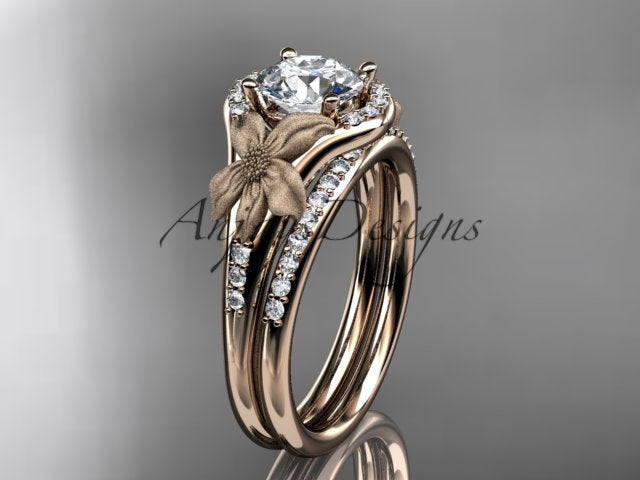 Lily flower engagement ring set with 1 carat IGI certified lab grown diamond in 14k rose gold