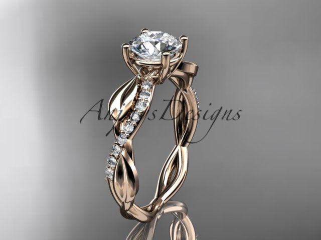 Nature inspired engagement ring with 1 carat round D VS1 lab grown diamond and leaf design in 14k rose gold