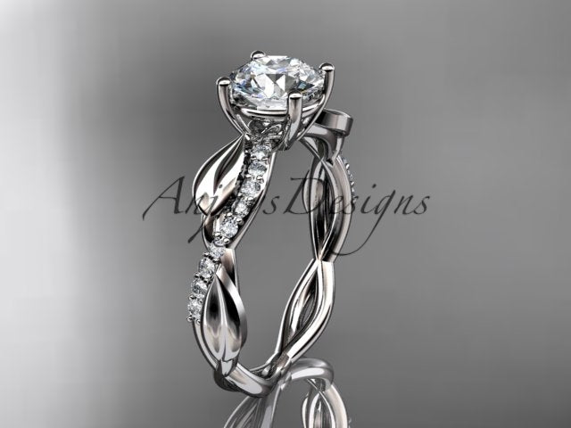 Nature inspired engagement ring with 1 carat round D VS1 lab grown diamond and leaf design in 14k white gold