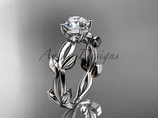 Nature inspired engagement ring with 1 carat round IGI certified lab grown diamond and leaf design in 14k white gold