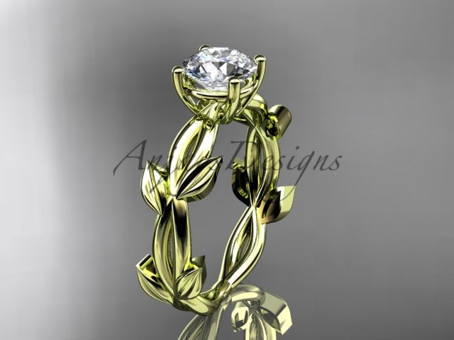 Nature inspired engagement ring with 1 carat round IGI certified lab grown diamond and leaf design in 14k yellow gold