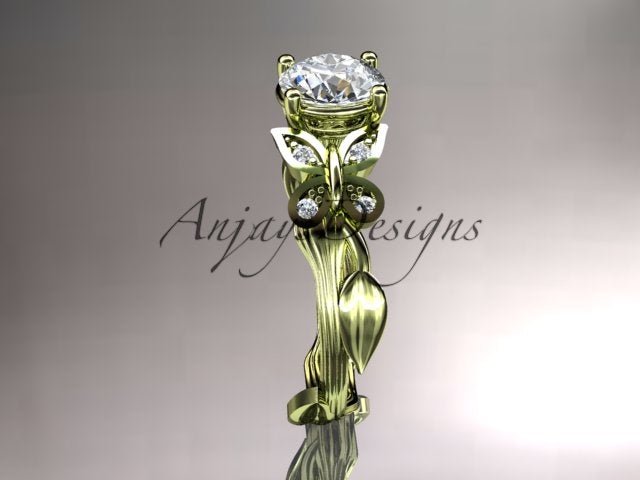 Nature inspired butterfly engagement ring with lab grown diamond in 14k yellow gold