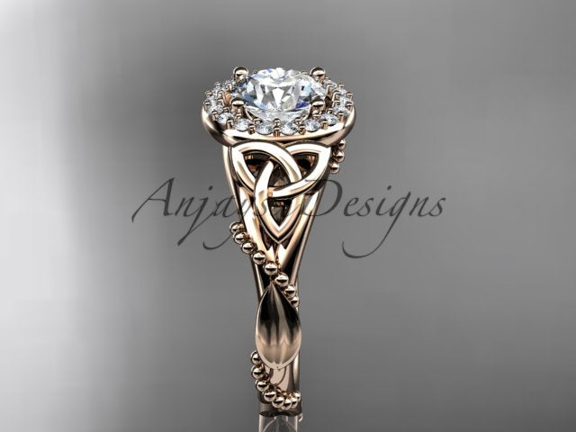 Celtic Diamond Engagement Ring 1 Carat Round Lab Grown Diamond Halo Diamond Trinity Knot Engagement Ring Nature Inspired
