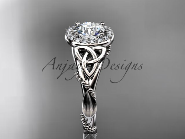 Celtic Diamond Engagement Ring 1 Carat Round Lab Grown Diamond Halo Diamond Trinity Knot Engagement Ring Nature Inspired