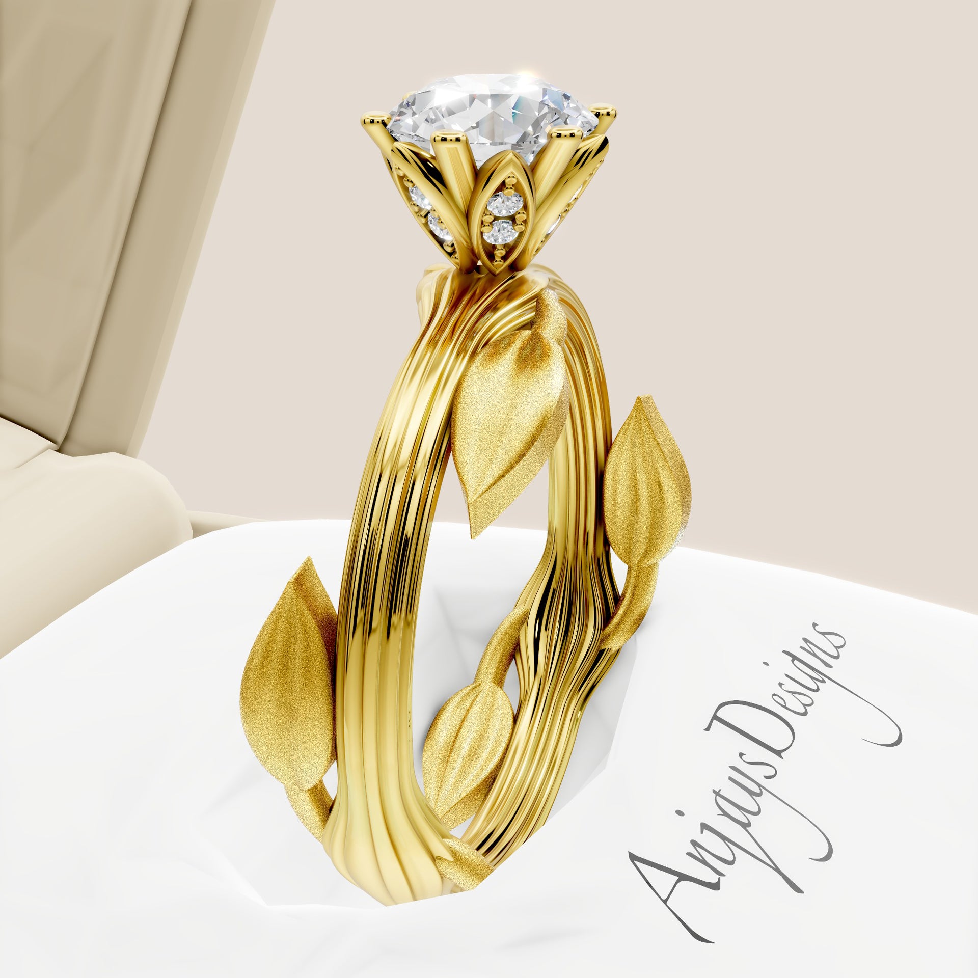 Nature Inspired Dainty Engagement Ring 1 Carat Round Lab Grown Diamond D VS1 IGI Certified