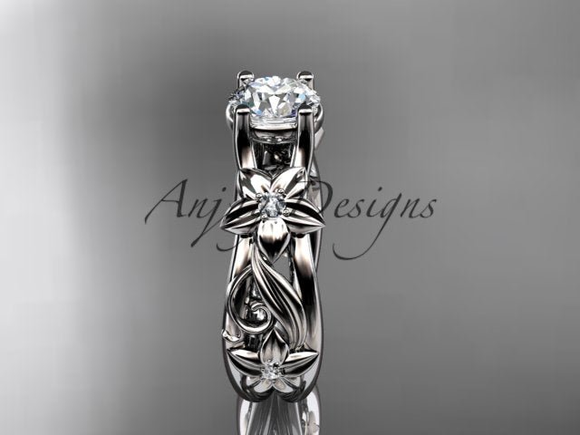 Nature inspired floral engagement ring with 1 carat lab grown diamond in 14k white gold