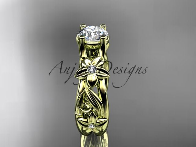 Nature inspired floral engagement ring with 1 carat lab grown diamond in 14k yellow gold
