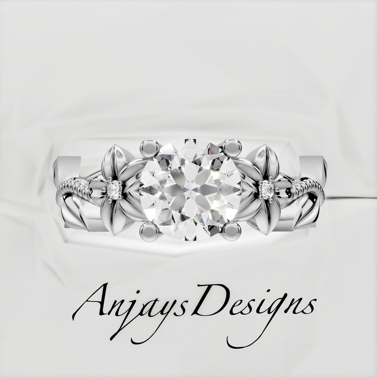 Nature inspired flower engagement ring with 1 carat round lab grown diamond in 14k white gold