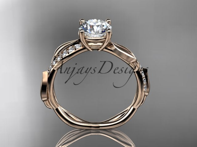 1 carat round D VS1 lab grown diamond leaf engagement ring in 14k rose gold