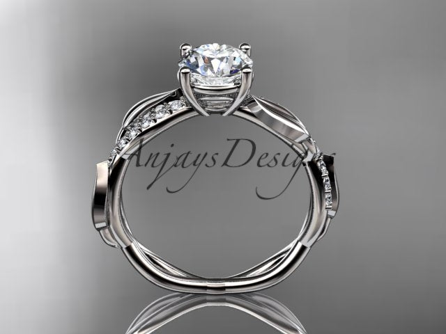 Nature inspired leaf engagement ring with round lab grown diamond in 14k white gold