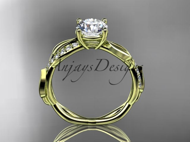 Nature inspired leaf engagement ring with round lab grown diamond in 14k yellow gold