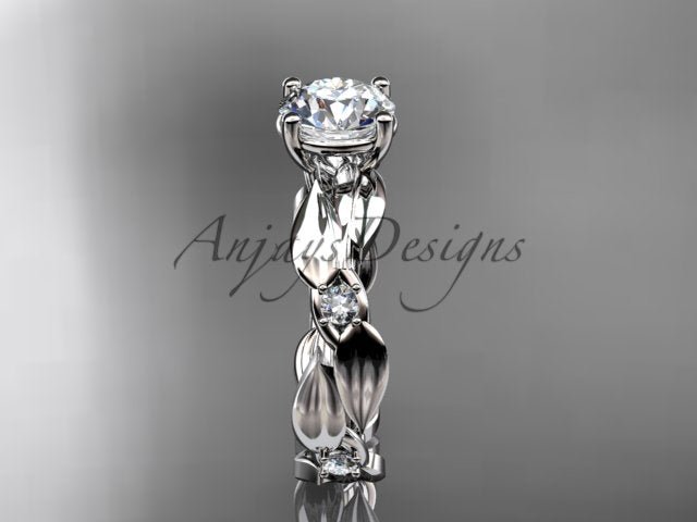 Nature inspired leaf and vine engagement ring with round lab grown diamond in 14k white gold