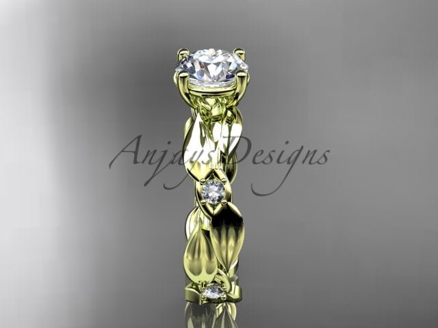 Nature inspired leaf and vine engagement ring with round lab grown diamond in 14k yellow gold