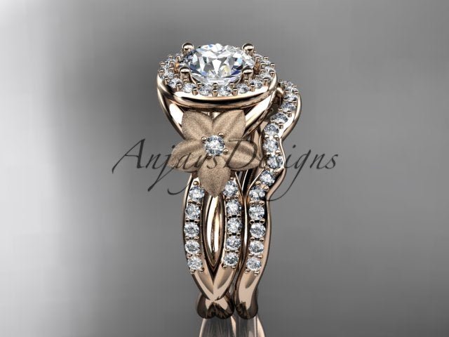 Rose gold diamond wedding ring set, style ADLR127S. Front view highlighting the intertwined pave diamond bands and the central matte finish five-petal flower detail.