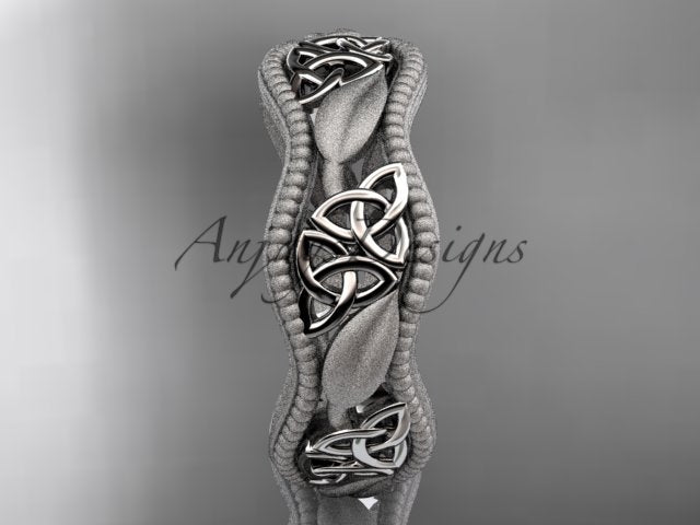 Front view of platinum ring featuring Celtic trinity knot details
