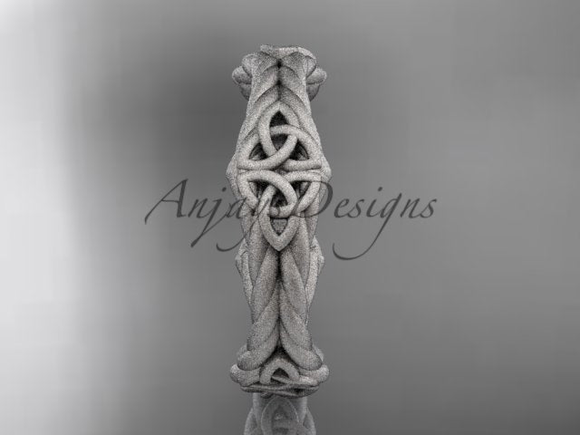 Front view of white metal ring with a Celtic trinity knot